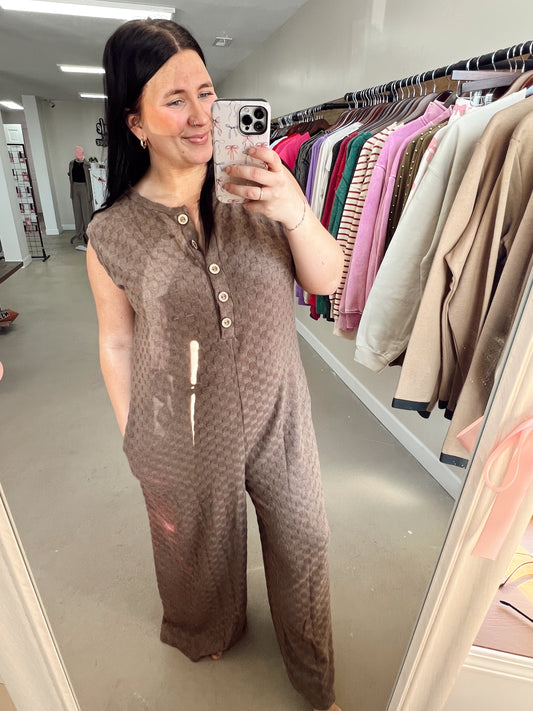 BRUSHED CHECKERED BUTTON JUMPSUIT
